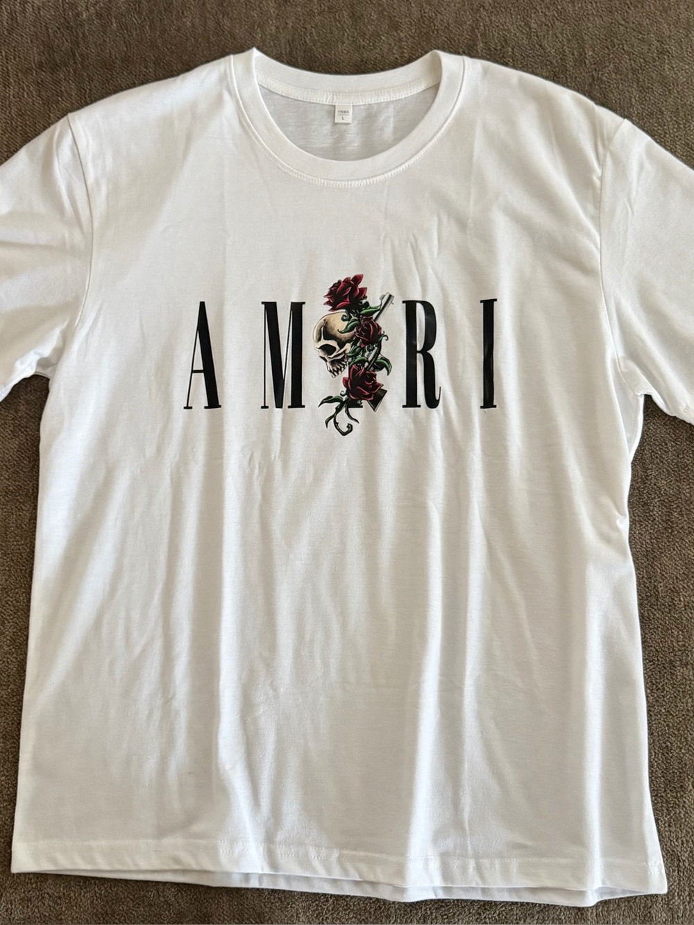 AMIRI Black Logo with Red Rose & Skull Art Print on White